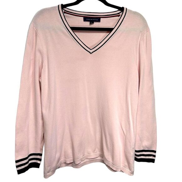 Tommy Hilfiger Light Pink V-neck Sweater Fall Winter Cute Jumper Black Trim - Picture 1 of 5